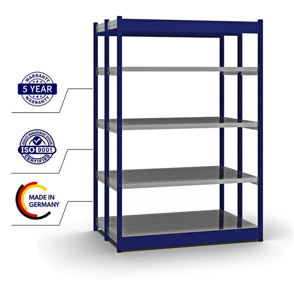 PROREGAL Fachbodenregal Stecksystem Vierkant-Profil Grundregal HxBxT 200 x 132,5 x 40 cm 2x5 Ebenen Doppelseitige Bauart Fachlast 200 kg Enzianblau