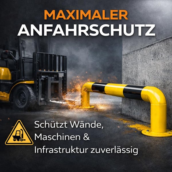 Gelb-schwarzer Rammschutzbügel aus Stahl schützt eine Wand vor dem Aufprall eines Gabelstaplers in einem Lager.