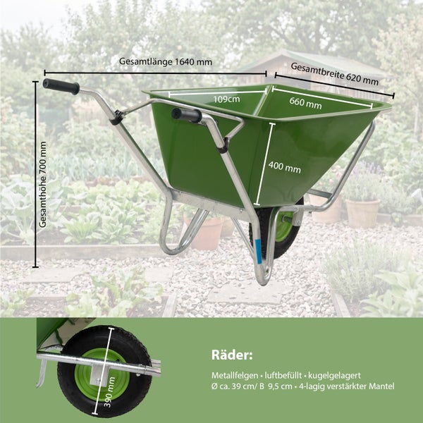 Grüne Schubkarre mit Maßangaben