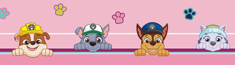 Tapetenbordüre mit Paw Patrol Charakteren Rubble, Rocky, Chase und Everest sowie Pfotenabdrücken für das Kinderzimmer.