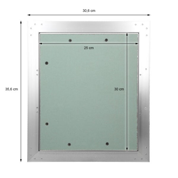 Revisionsklappe aus Aluminium mit Gipskartoneinlage. Außenmaße 30,6 Zentimeter mal 35,6 Zentimeter, Innenmaße 25 Zentimeter mal 30 Zentimeter.