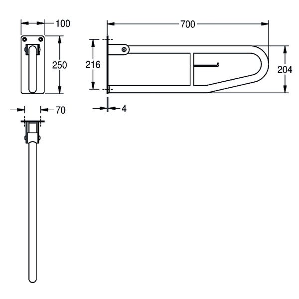 Technische Zeichnung eines Stützklappgriffs mit Maßen in Millimeter: Gesamtlänge 700, Montageplatte 100 mal 250, Wandabstand 70.