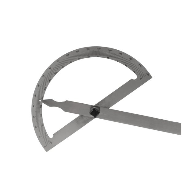 Gradmesser aus Metall mit verstellbarem Arm und einer Skala von null bis einhundertachtzig Grad.
