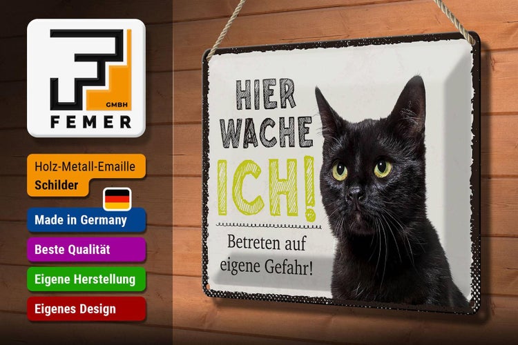 Blechschild Spruch 30x20cm Katze hier wache ich eigene Gefahr