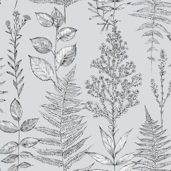 Illustration von Farnen, Blättern und Pflanzen auf Tapete