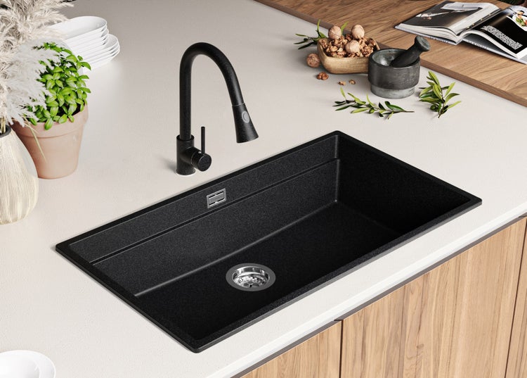 PRIMAGRAN Spülbecken Anthrazit 86x47cm, Granitspüle 1 Becken + Ablauf-Set + Aufrollbare Abtropffläche, Küchenspüle ab 90er Unterschrank - Praga Slim