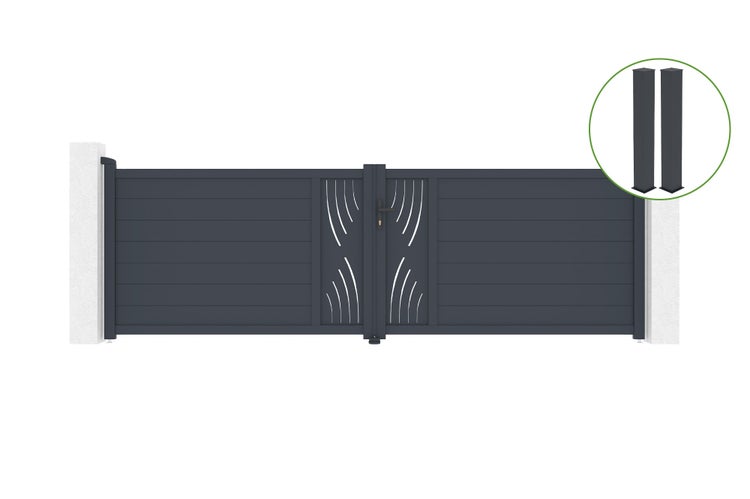 Flügeltor 4m VELETA H.120cm graues Aluminium + 2 Pfosten 20x20cm H.166cm