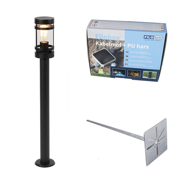 Schwarze Außenstandleuchte mit Glasschirm, Erdspieß und Filobox Kabelverbindungsmuffe Set.