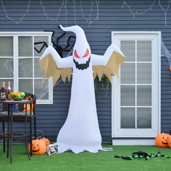 HOMCOM Halloween aufblasbares Gespenst, 2,4 m Dekoration mit LEDs, IP44, 150 x 80 x 240 cm, Polyester, Weiß + Rot