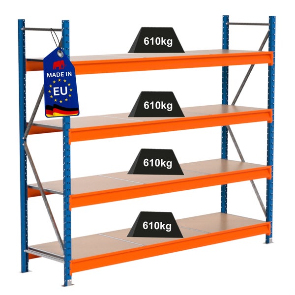 Lagerregal mit vier Regalböden und einer Traglast von 610 Kilogramm mit Made in EU Siegel