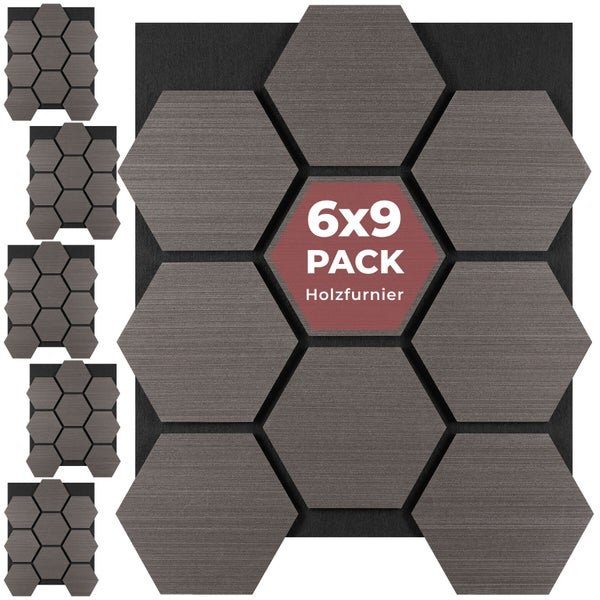 Set aus 6 Packungen mit jeweils 9 sechseckigen Wandpaneelen aus Holzfurnier.