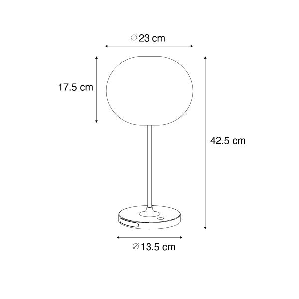 Technische Zeichnung der Tischleuchte: Gesamthöhe 42,5 Zentimeter, Schirmdurchmesser 23 Zentimeter, Fußdurchmesser 13,5 Zentimeter.