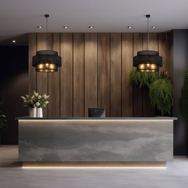 Empfangsbereich mit Beleuchtung, Tresen und Pflanzen