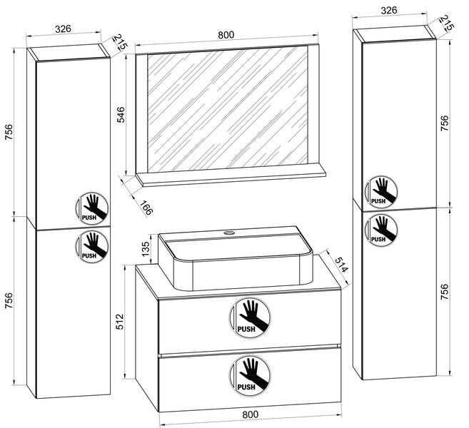 5-tlg. Waschplatz Waschtisch Lendas XL Schublade