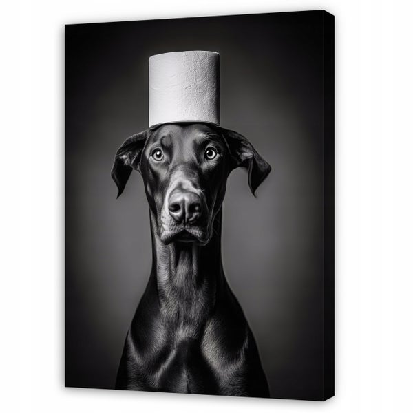 Wandbild mit einem Dobermann, der eine Klopapierrolle auf dem Kopf trägt, quadratisches Leinwandformat.