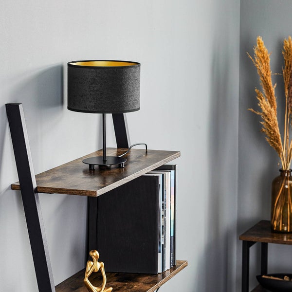 Euluna Tischlampe Golden Roller (Modern) in Schwarz aus Textil (1 flammig, E14) - Tischleuchte Schreibtischlampe Nachttischlampe Wohnzimmerleuchte