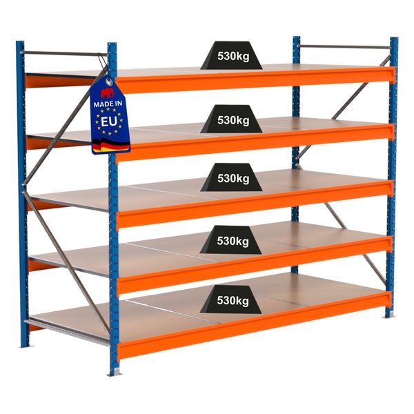 Regal mit fünf Ebenen und einer Traglast von 530 Kilogramm pro Ebene. Hergestellt in der Europäischen Union.