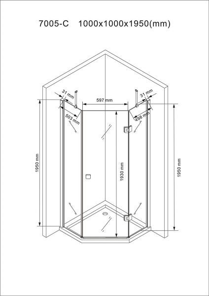 Technische Zeichnung einer Duschkabine mit Maßangaben