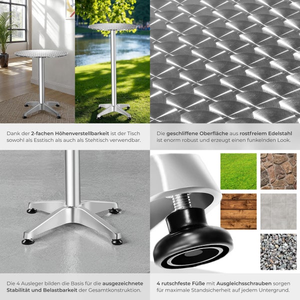 Silberfarbener Bistrotisch mit Edelstahlplatte und höhenverstellbarem Fuß