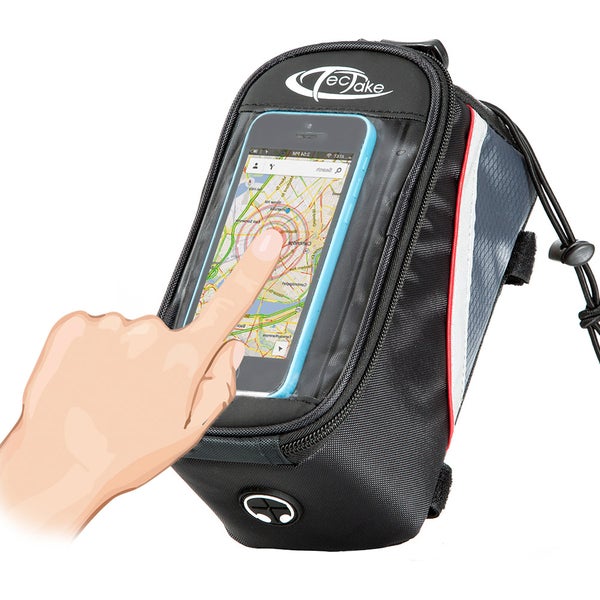 Fahrradrahmentasche mit Smartphone-Halterung und Finger auf dem Display