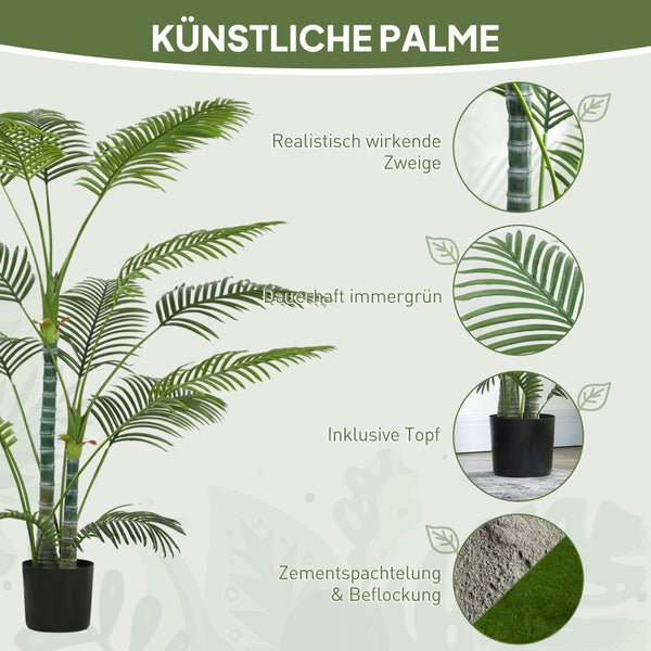 Künstliche Palme mit realistisch wirkenden Zweigen und im Lieferumfang enthaltenem Topf.
