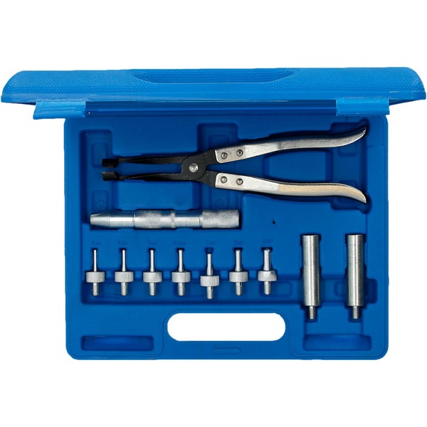 Bremsleitungswerkzeugsatz in blauem Koffer mit Zange und Adaptern.