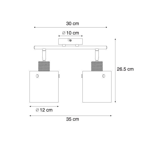 Technische Zeichnung einer Deckenleuchte mit zwei Lampen und Maßangaben