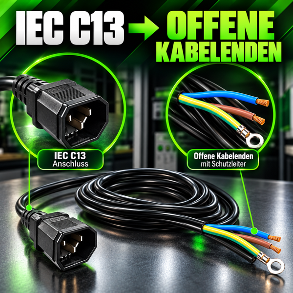 Kaltgerätekabel IEC C13 auf offene Kabelenden mit Aderendhülsen und Ringkabelschuh als Netzanschlussleitung.