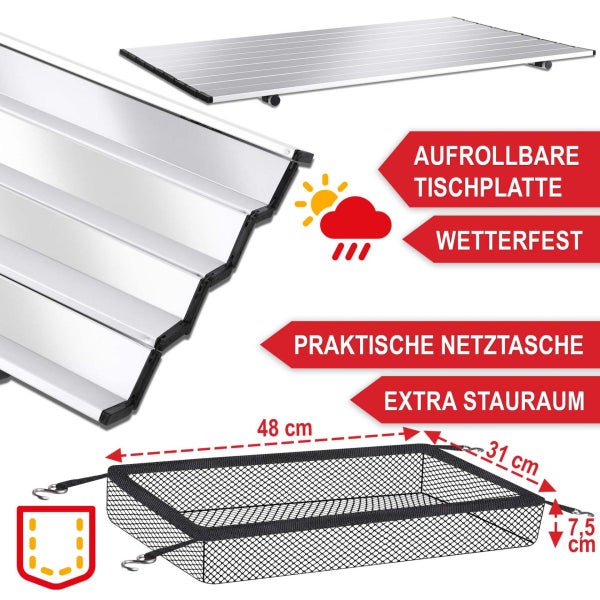 Aufrollbare Tischplatte aus Aluminium, wetterfest. Inklusive praktischer Netztasche für Stauraum mit Maßen 48 mal 31 mal 7,5 Zentimeter.