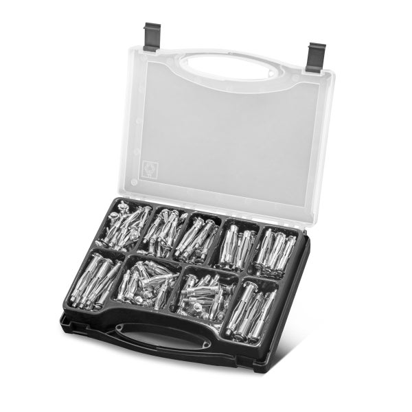 Sortimentskasten mit silbernen Hohlraumdübeln aus Metall in einem schwarzen Kunststoffkoffer mit transparentem Deckel.
