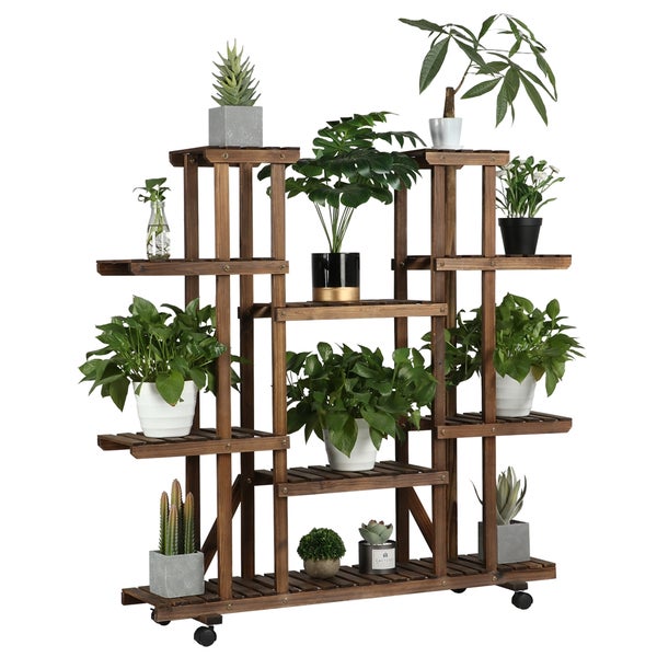 Mehrstöckiges Pflanzenregal aus Holz mit mehreren Pflanzen
