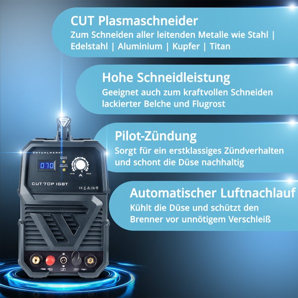 STAHLWERK Plasma Cutter CUT 70P IGBT zum Schneiden von Metallen wie Stahl, Edelstahl, Aluminium, Kupfer und Titan