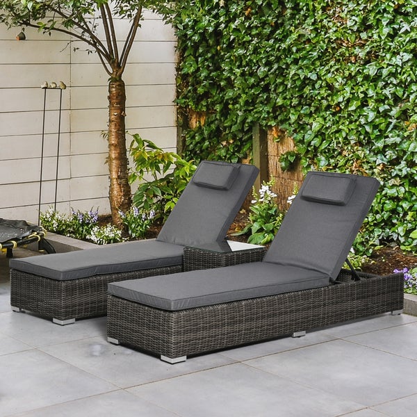 Outsunny Poly-Rattan Sonnenliege 3-tlg. Gartenliege mit 6-Fach Verstellbarer Rückenlehne Beistelltisch Nackenkissen Gartenmöbel Aluminium Grau 60 x 195 x 91 cm