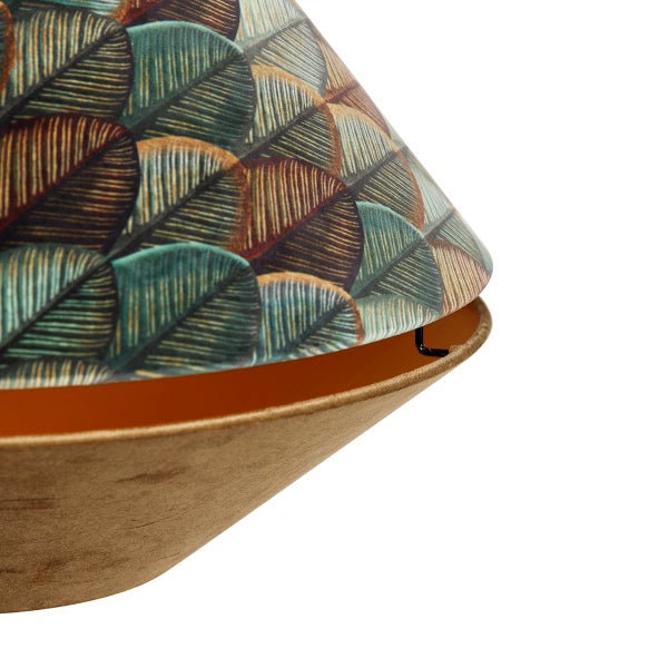 Detailansicht eines Lampenschirms aus Stoff mit botanischem Blattmuster oben und braunem Samt unten.