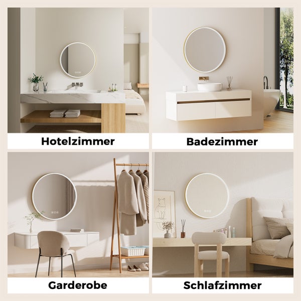 EMKE Badezimmerspiegel LED rund ф60 cm, 3 Lichtfarben, Touch & Memory-Funktion, Dimmbar, Antibeschlag, Acrylrahmen mit goldenem Rand, für Badezimmer