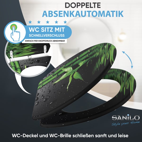 Sanilo WC-Sitz mit Bambus-Motiv, doppelter Absenkautomatik und Schnellverschluss per Knopfdruck. Sanilo Logo.