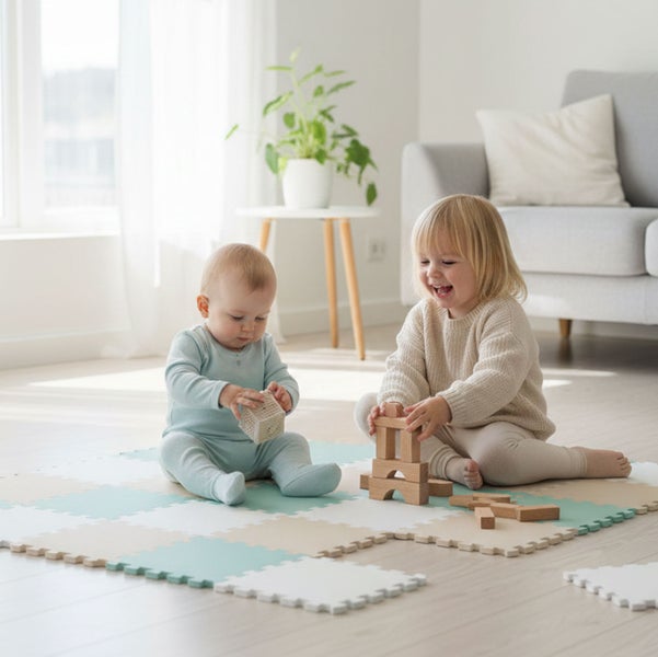 Zwei Kinder spielen mit Holzbausteinen auf einer Schaumstoff-Puzzlematte in einem hellen, modernen Wohnzimmer.
