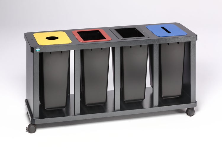 PROREGAL Robuste Wertstoffsammelstation 4 Fach Mit Behälter 58 Liter HxBxT 67 x 157 x 52 cm Verzinkter Stahl Grau