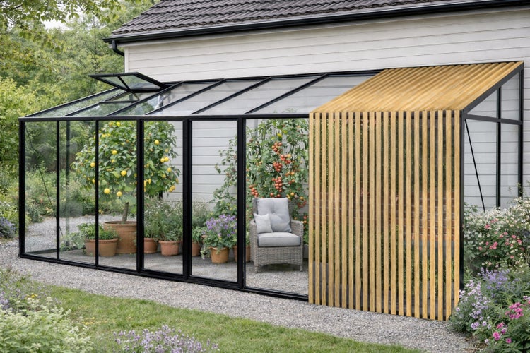 Anlehn-Gewächshaus mit Metallrahmen, Glasscheiben und Holzlatten an einer Hauswand. Innen befinden sich ein Zitronenbaum, Pflanzen und ein Sessel.