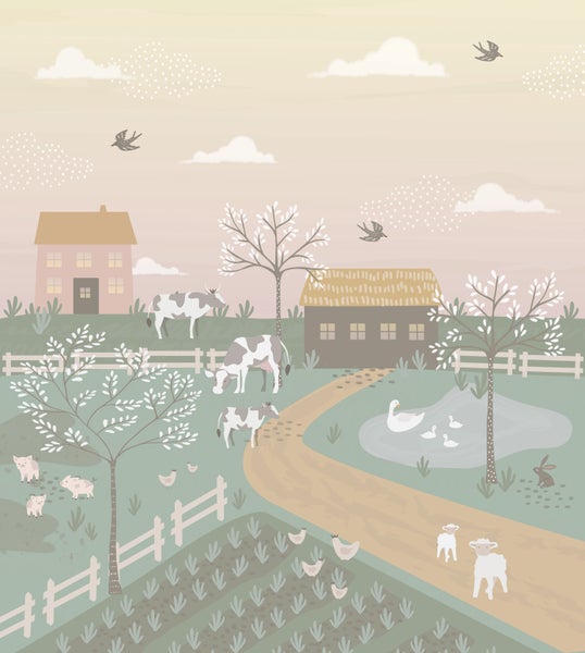 Illustration einer ländlichen Szene mit Bauernhaus, Tieren und Natur