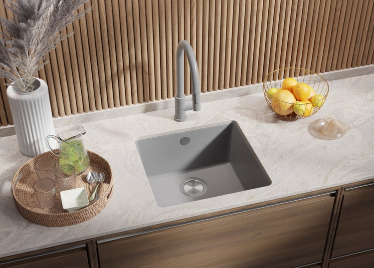 PRIMAGRAN Unterbauspüle Granit Grau 46x44cm, Spülbecken 1 Becken + Ablauf-Set, Granitspüle ab 50er Unterschrank - Venedig Easy