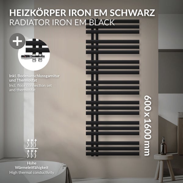 Schwarzer Heizkörper Iron EM mit Bodenanschlussgarnitur und Thermostat, Abmessungen 600 x 1600 mm, hohe Wärmeleitfähigkeit