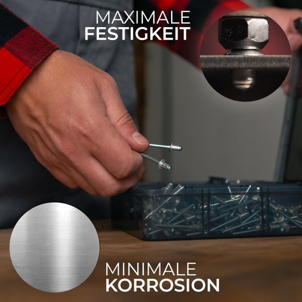 KLRStec Professional Blindnieten Set [500tlg.] Aluminium/Stahl Popnieten Set für Nietenzangen 125 Stk. jeder Größe (2,4mm, 3,2mm, 4,0mm und 4,8mm)