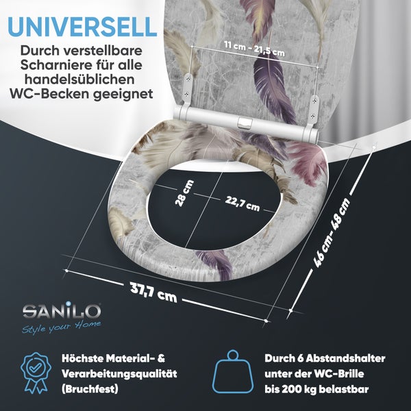 Sanilo WC-Sitz mit Federmotiv, Maße 37,7 mal 46 bis 48 Zentimeter, verstellbare Scharniere, belastbar bis 200 Kilogramm, bruchfestes Material.