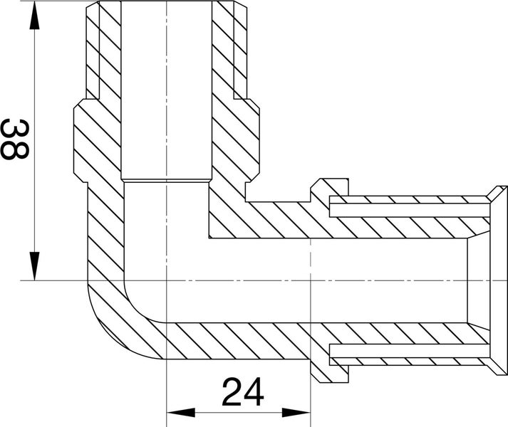 Technische Zeichnung einer Winkelverschraubung mit den Maßangaben 38 und 24.
