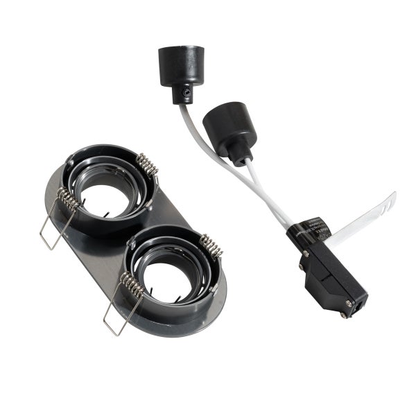 Doppelter Einbaustrahler-Rahmen aus Metall mit zwei schwenkbaren Fassungen und Anschlusskabeln.