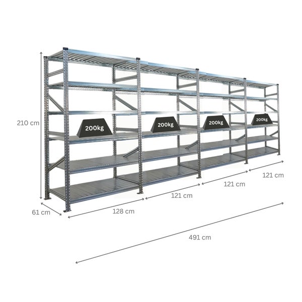 Metallregal mit vier Ebenen und den Maßen 491 cm x 210 cm x 61 cm