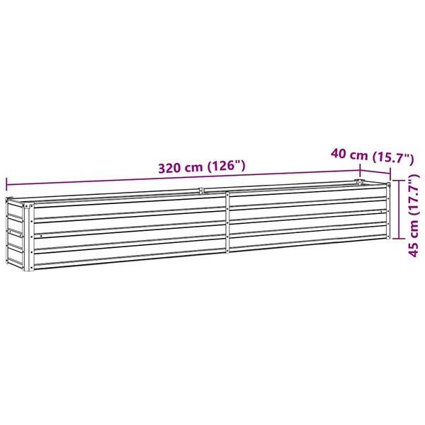 Hochbeet aus Metall mit Maßen 320 Zentimeter Länge, 40 Zentimeter Breite und 45 Zentimeter Höhe.