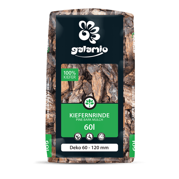 Galamio Kiefernrinde 100 Prozent Kiefer Dekorrinde mit einer Körnung von 60 bis 120 Millimetern im 60 Liter Sack.