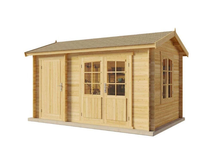 Gartenhaus aus hellem Holz mit Satteldach, einer Doppeltür mit Glaseinsätzen und einer zusätzlichen Einzeltür.